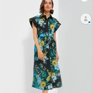 Tuckernuck Green and Yellow Midi Dress with Flutter Sleeves